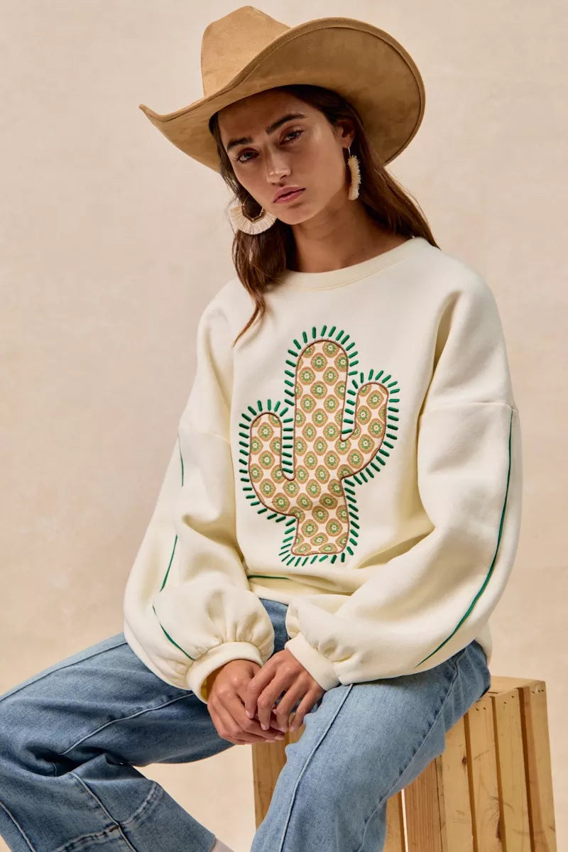 Cactus Embroidered Fleece Sweatshirt