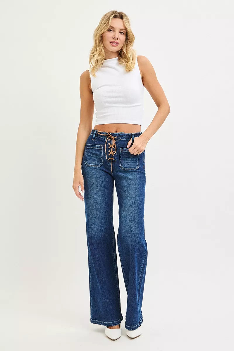High Rise Wide Leg Jeans with Front Tie Detail
