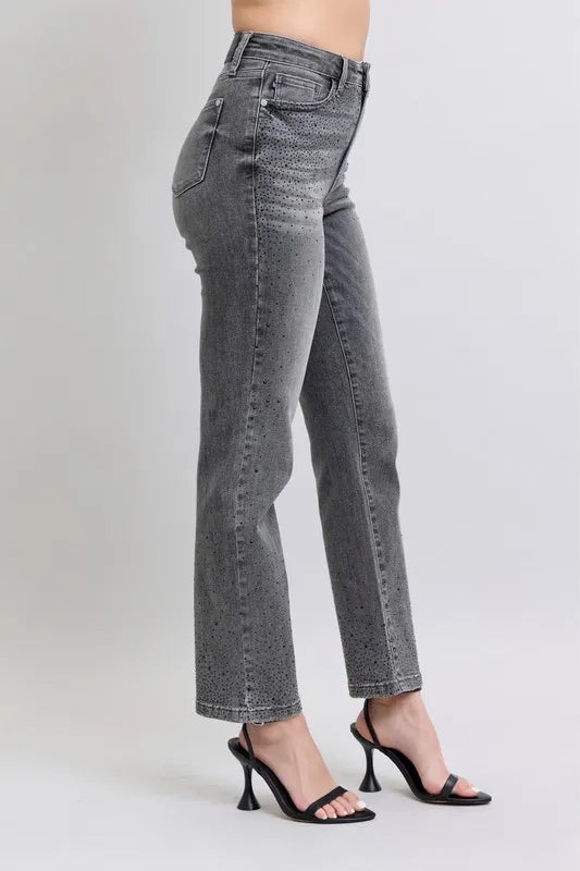 High Waist Rhinestone Straight Jeans