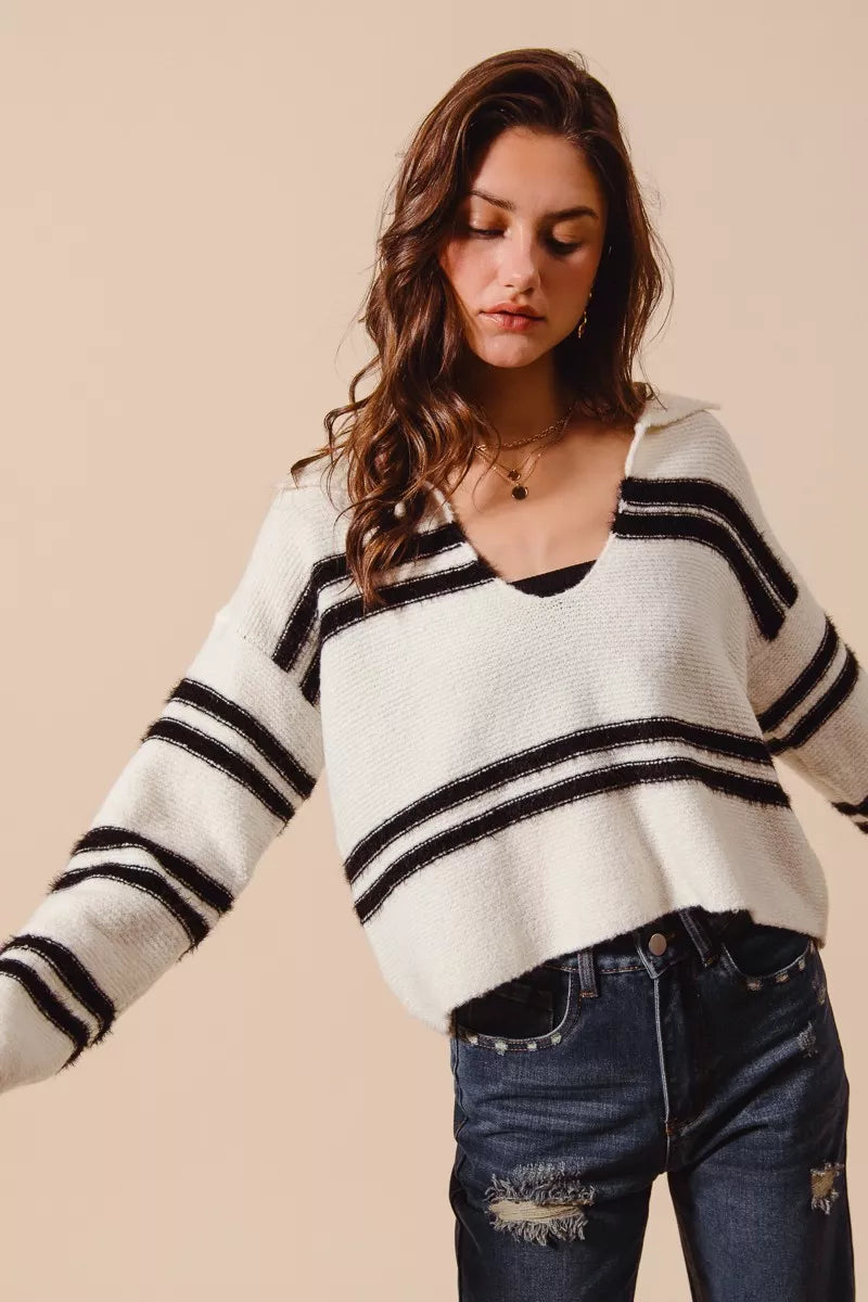 Fuzzy Stripe Deep U-Neck Sweater