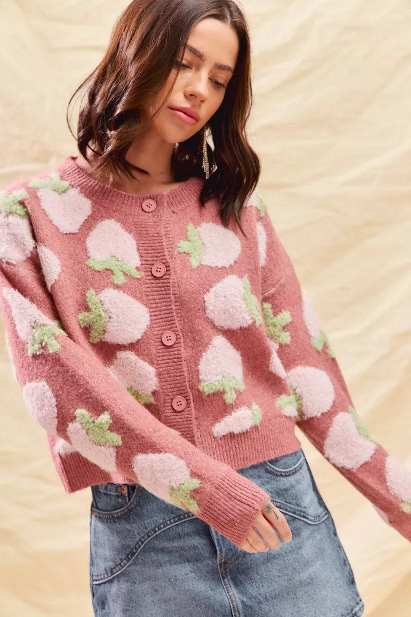Strawberry Pattern Button-Up Cardigan