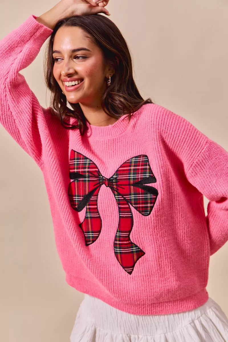 Plaid Ribbon Christmas Sweater
