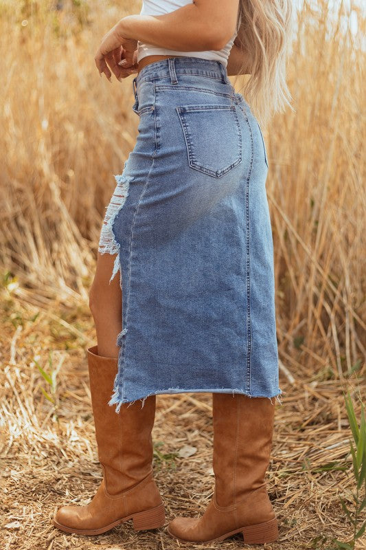 Distressed Denim Midi Skirt