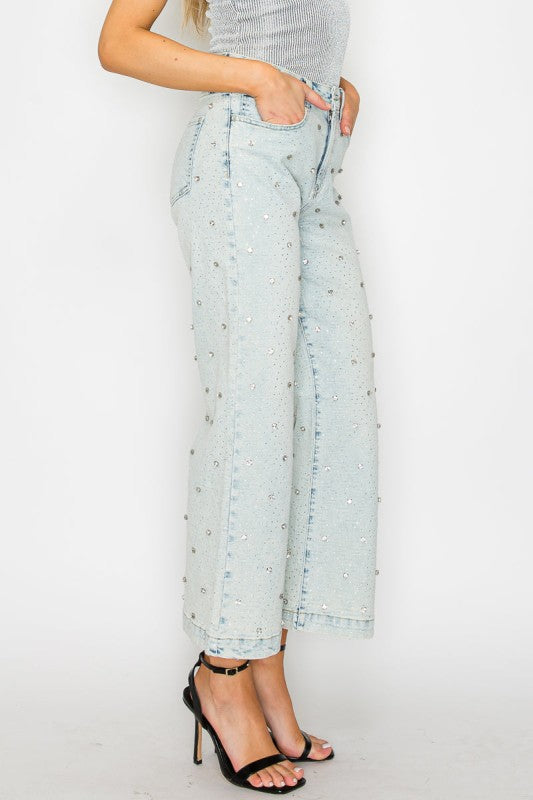 Jewel Embellished High Rise Cropped Palazzo Jeans