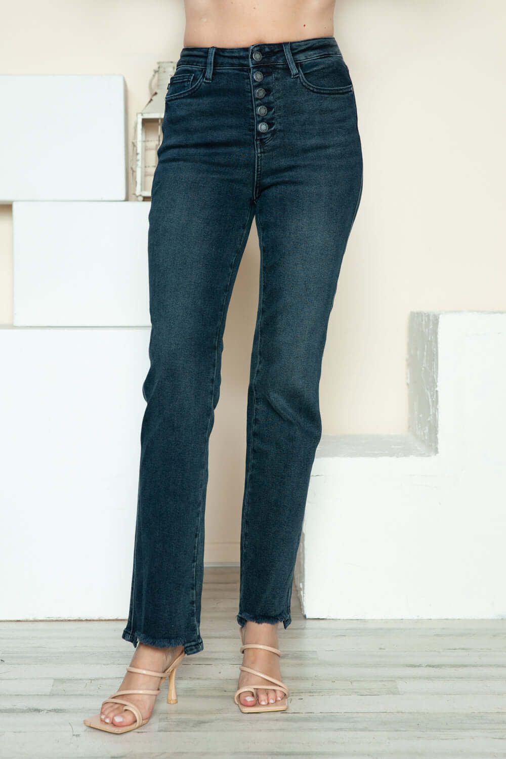 Button Fly Hem Destroy Straight Jeans