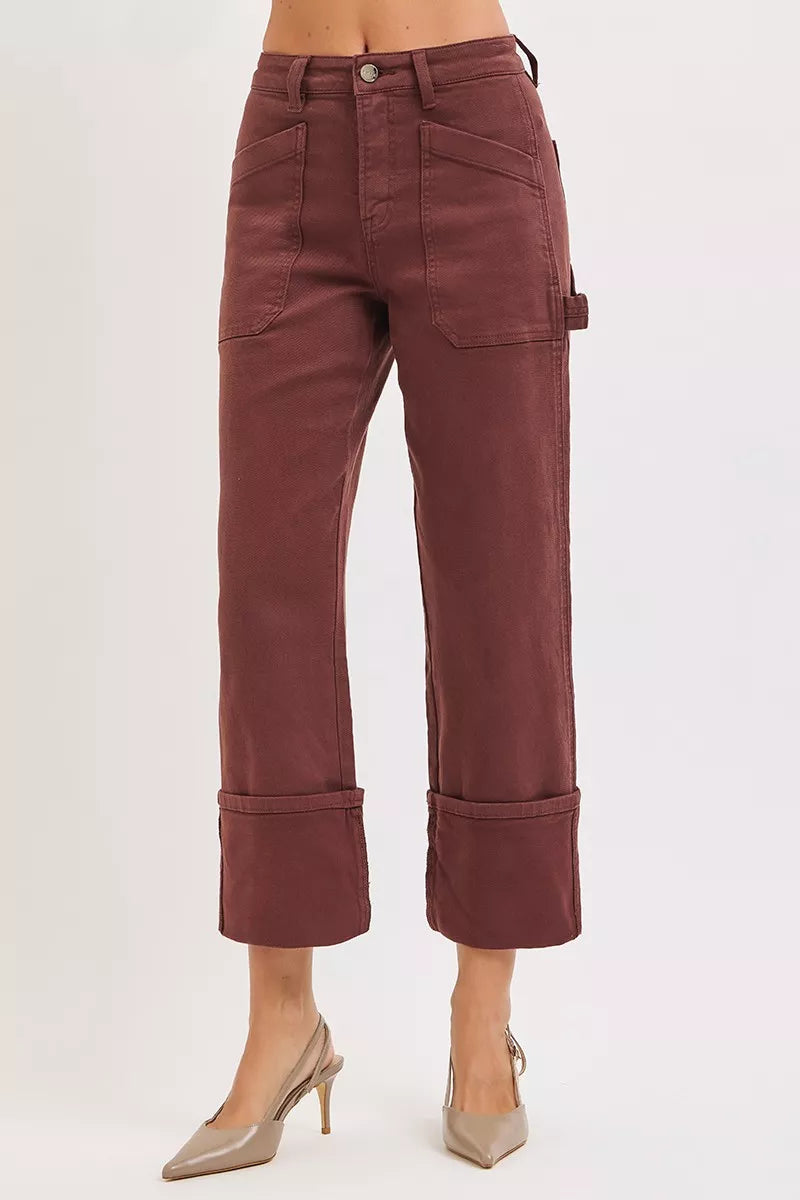 High Rise Wide Straight Cuffed Patch Jeans