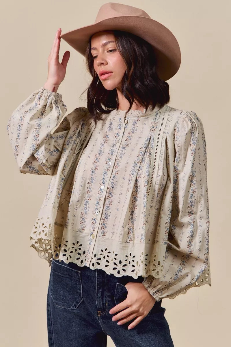Floral Print Lace Button Down Shirt