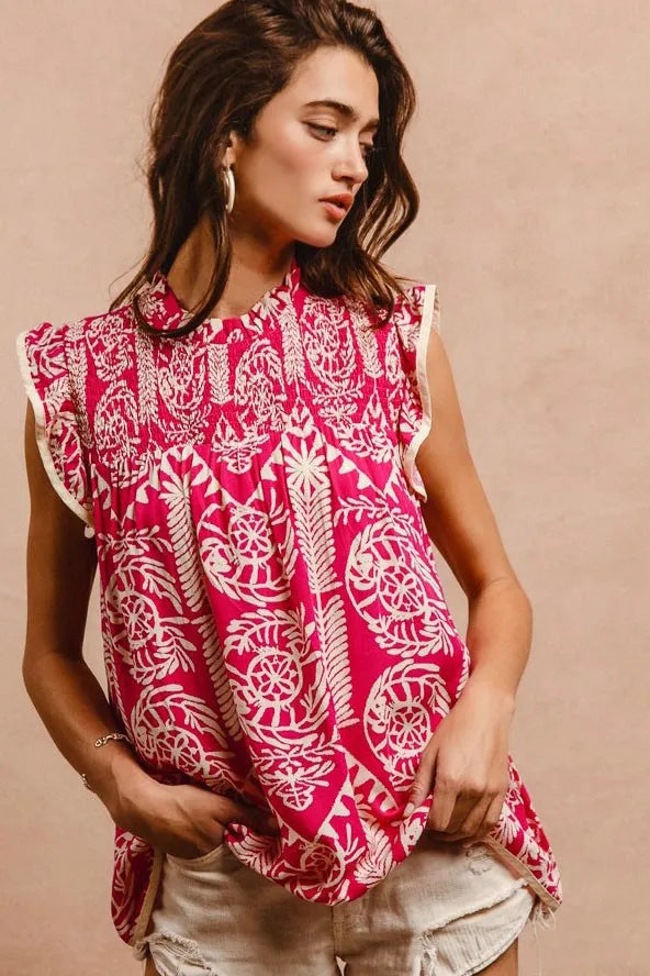 Printed Ruffle Sleeve Top
