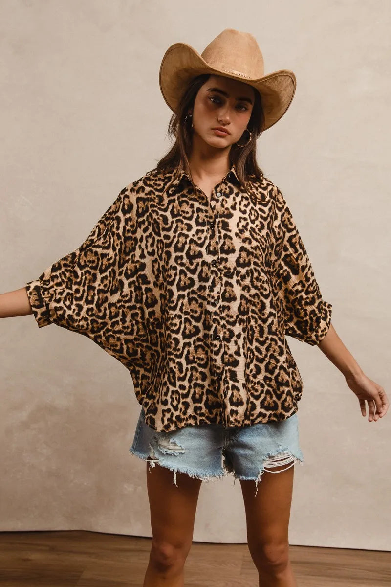 BiBi Leopard Prints Overseized Short Sleeves Top