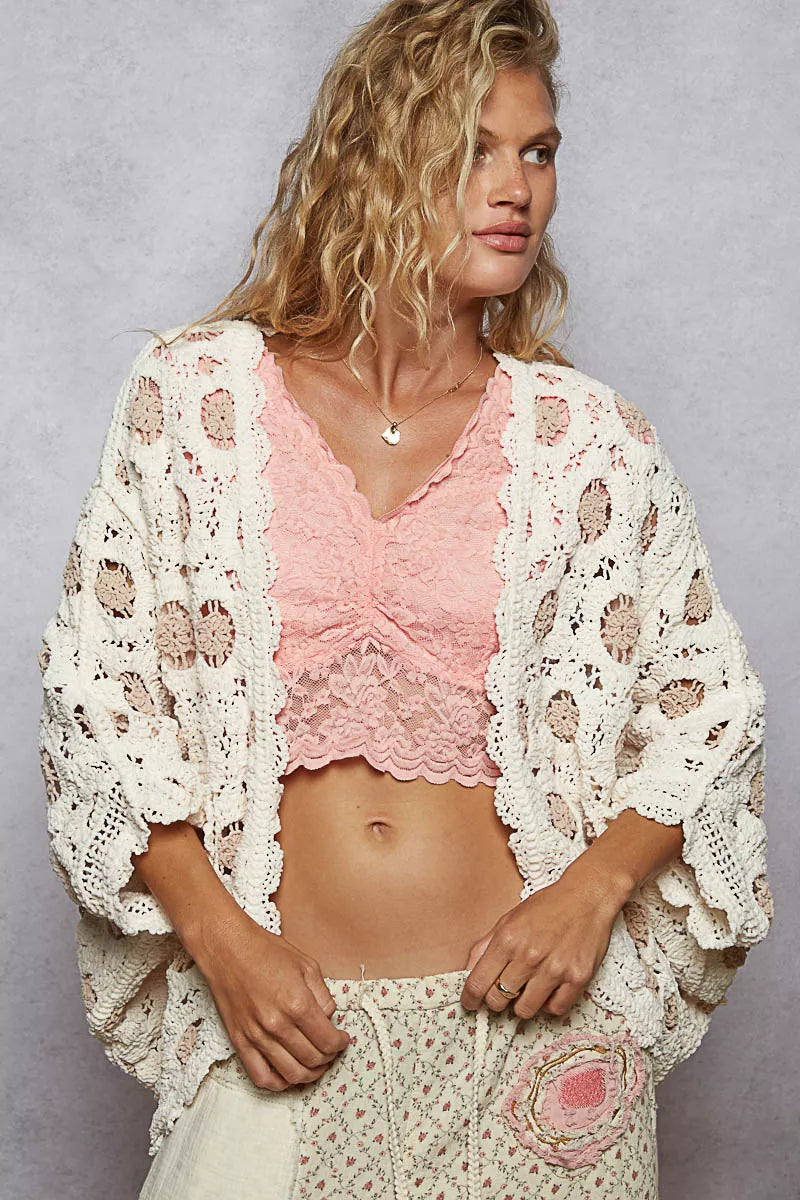 Openwork Chenille Cardigan with Contrast Floral
