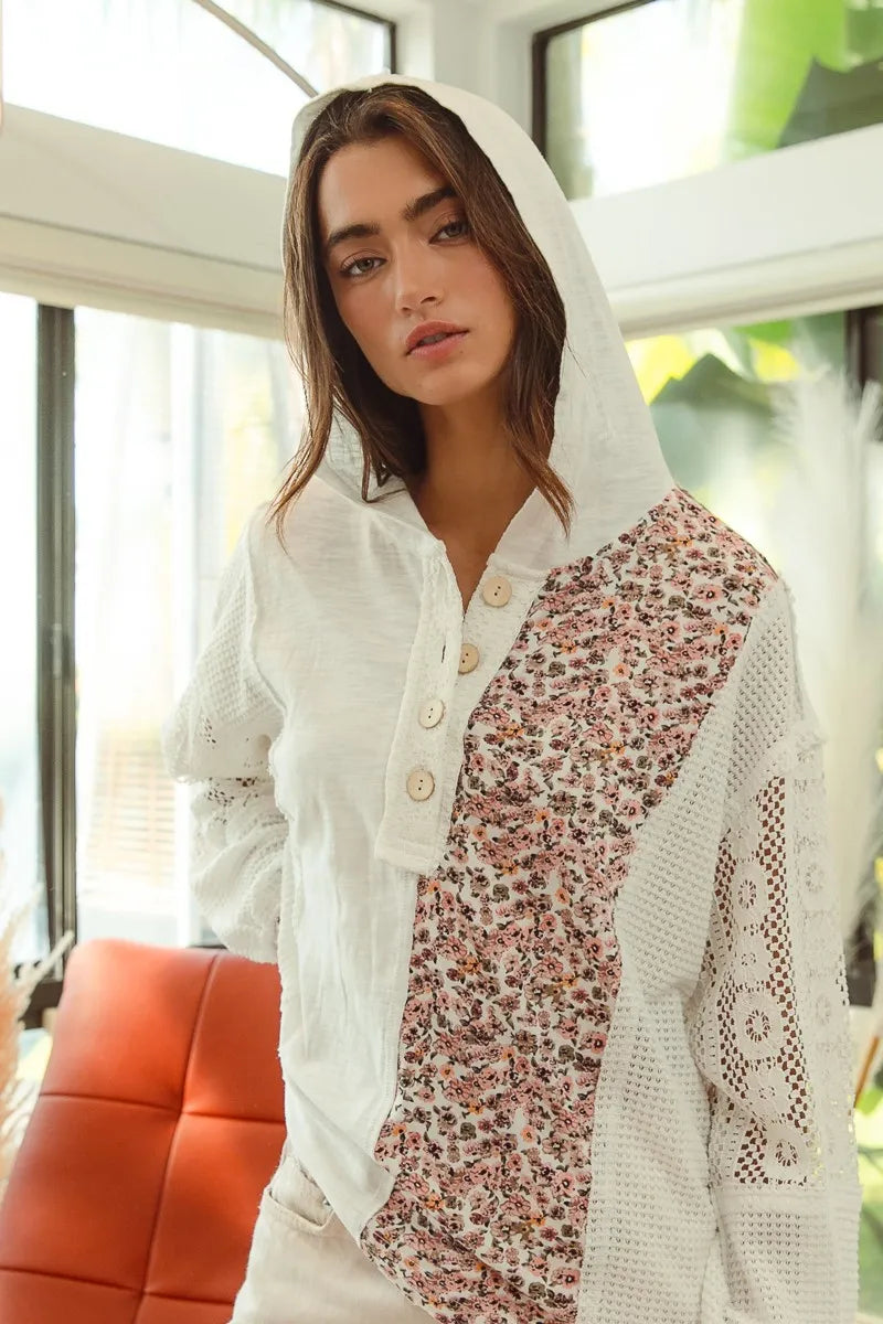 Slub Jersey with Lace Combo Buttoned Hoodie Top