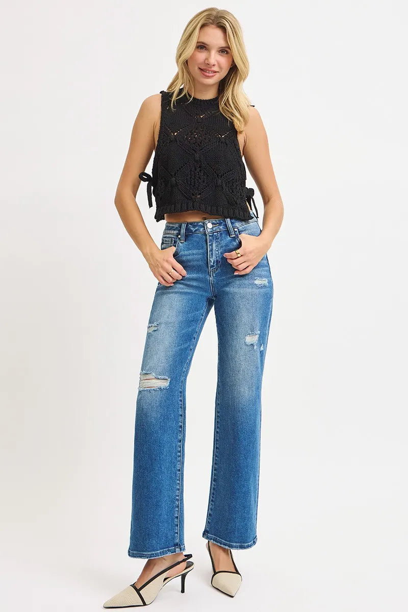 High Rise Ankle Straight Distressed Jeans
