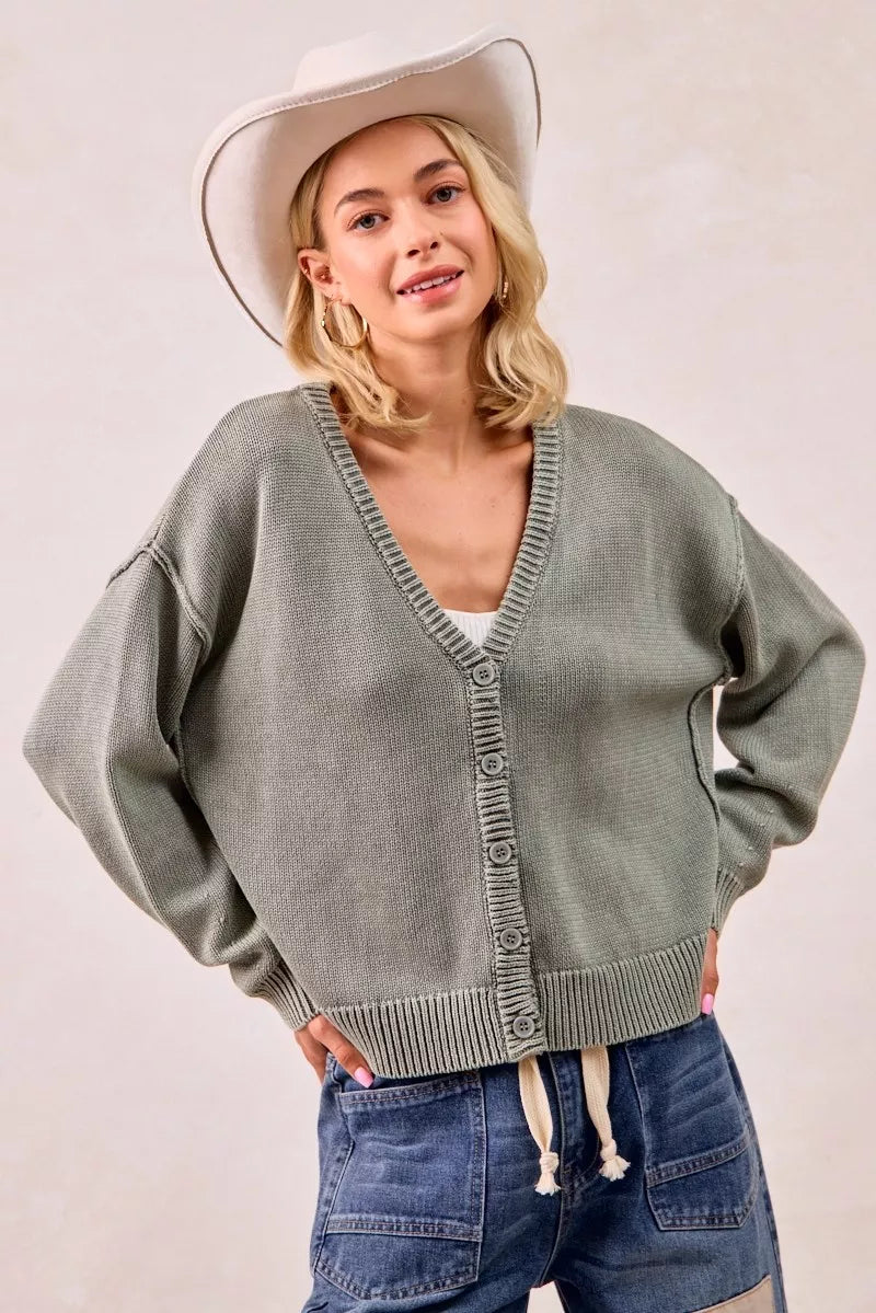 Washed Sweater V-Neck Cardigan