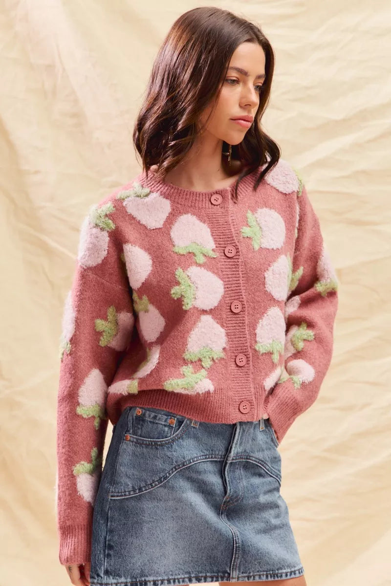 Strawberry Pattern Button-Up Cardigan
