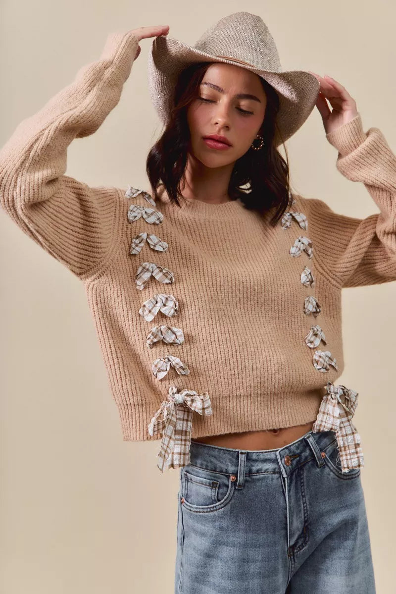 Plaid Tape Lace Up Ribbed Sweater