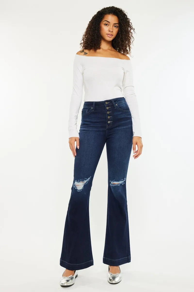 Button Fly High Rise Distressed Flare Jeans