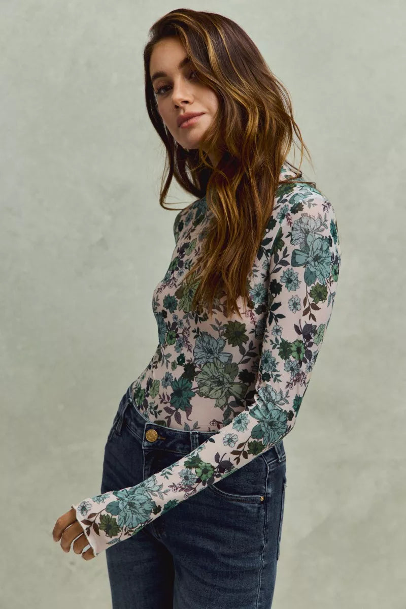 SO ME Floral Print Mesh Knit Long Sleeves Top