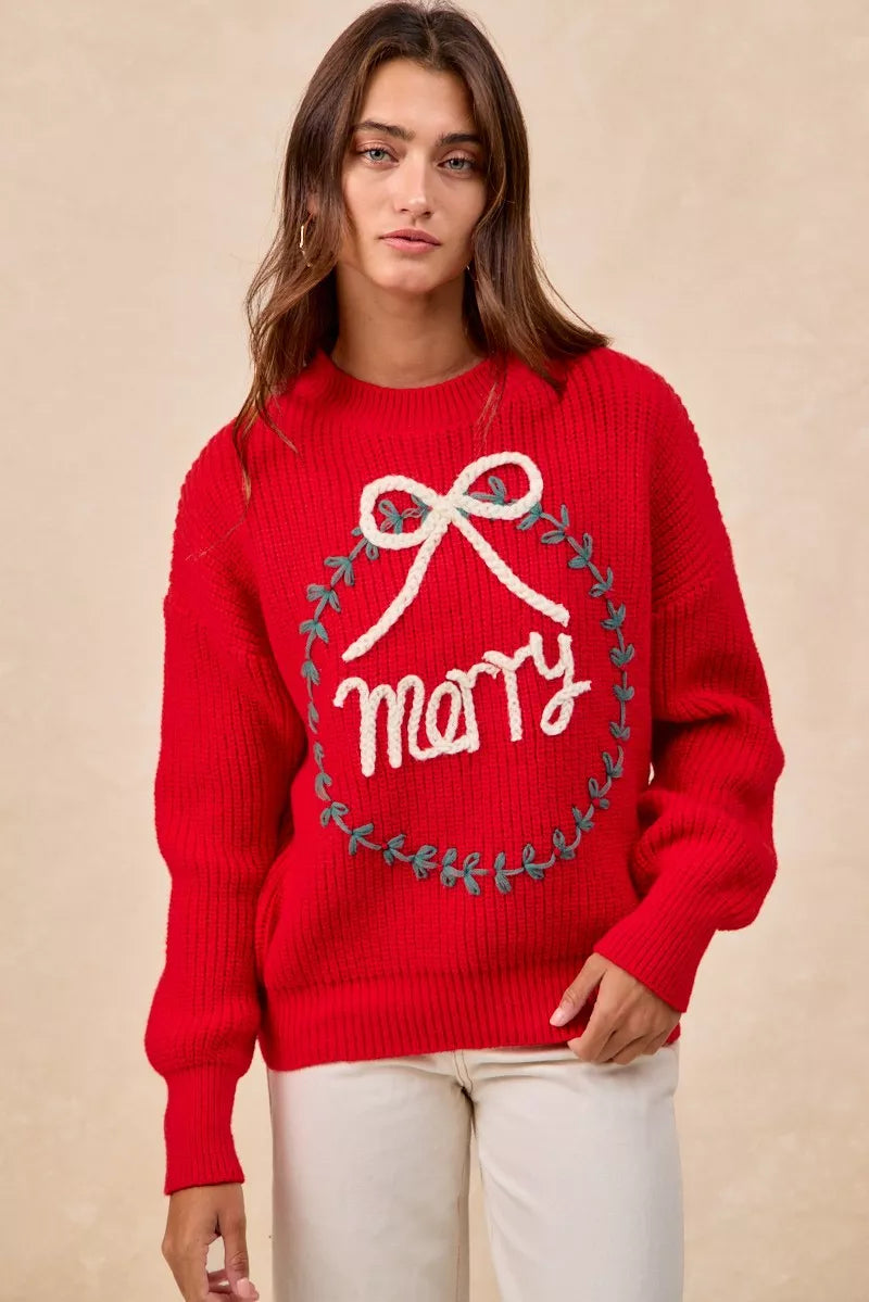 BiBi Christmas Wreath Merry Letter Knit Top