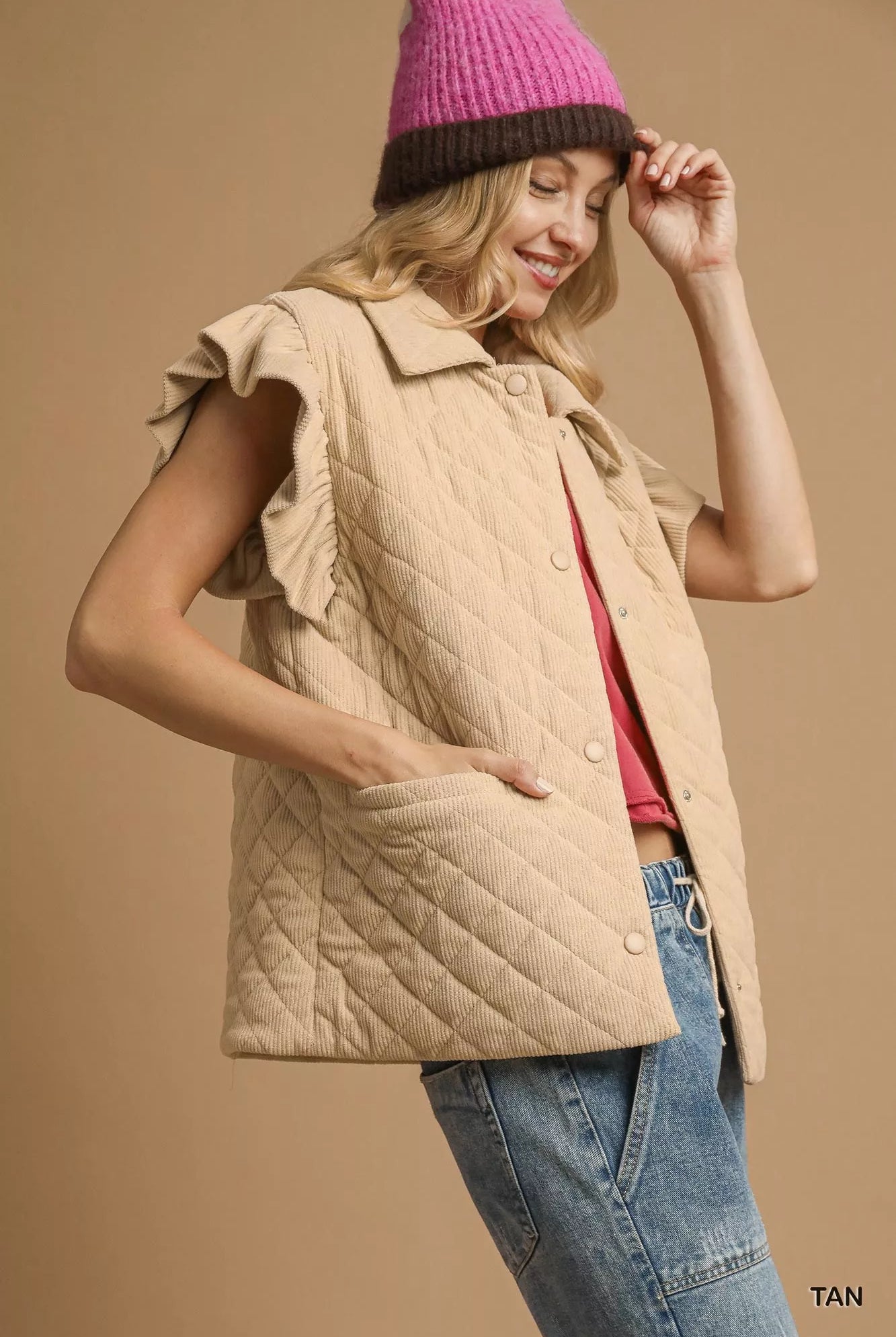 Corduroy Quilted Ruffle Sleeve Vest