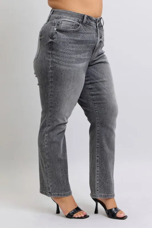 High Waist Rhinestone Straight Jeans
