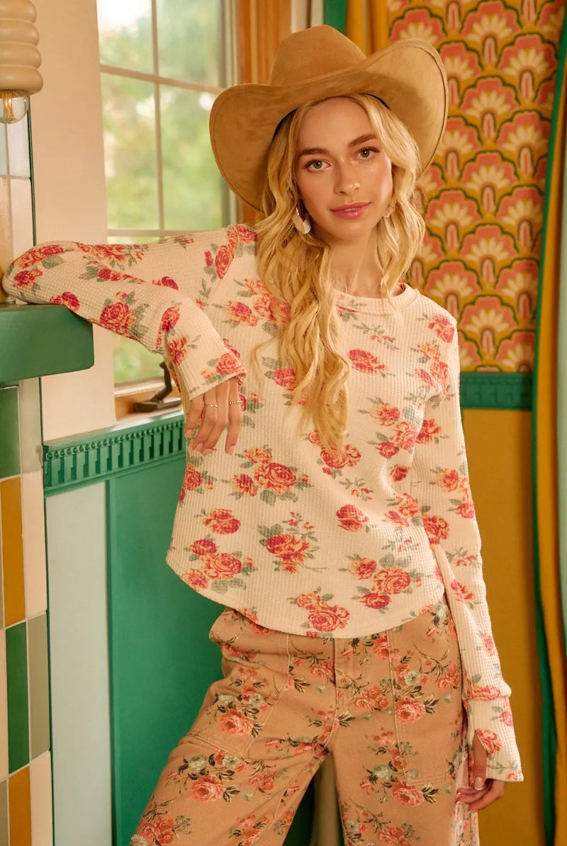 Floral Washed Waffle Thermal Top