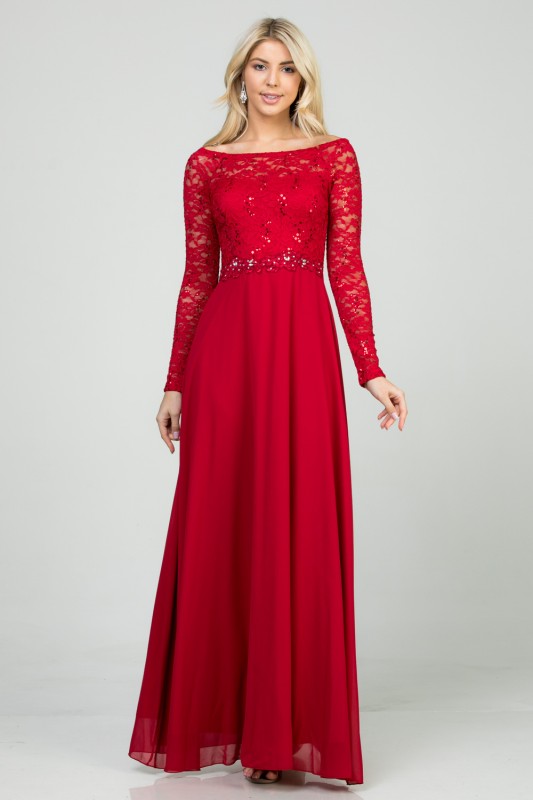 Lace Bodice A-Line Full-Length Dress