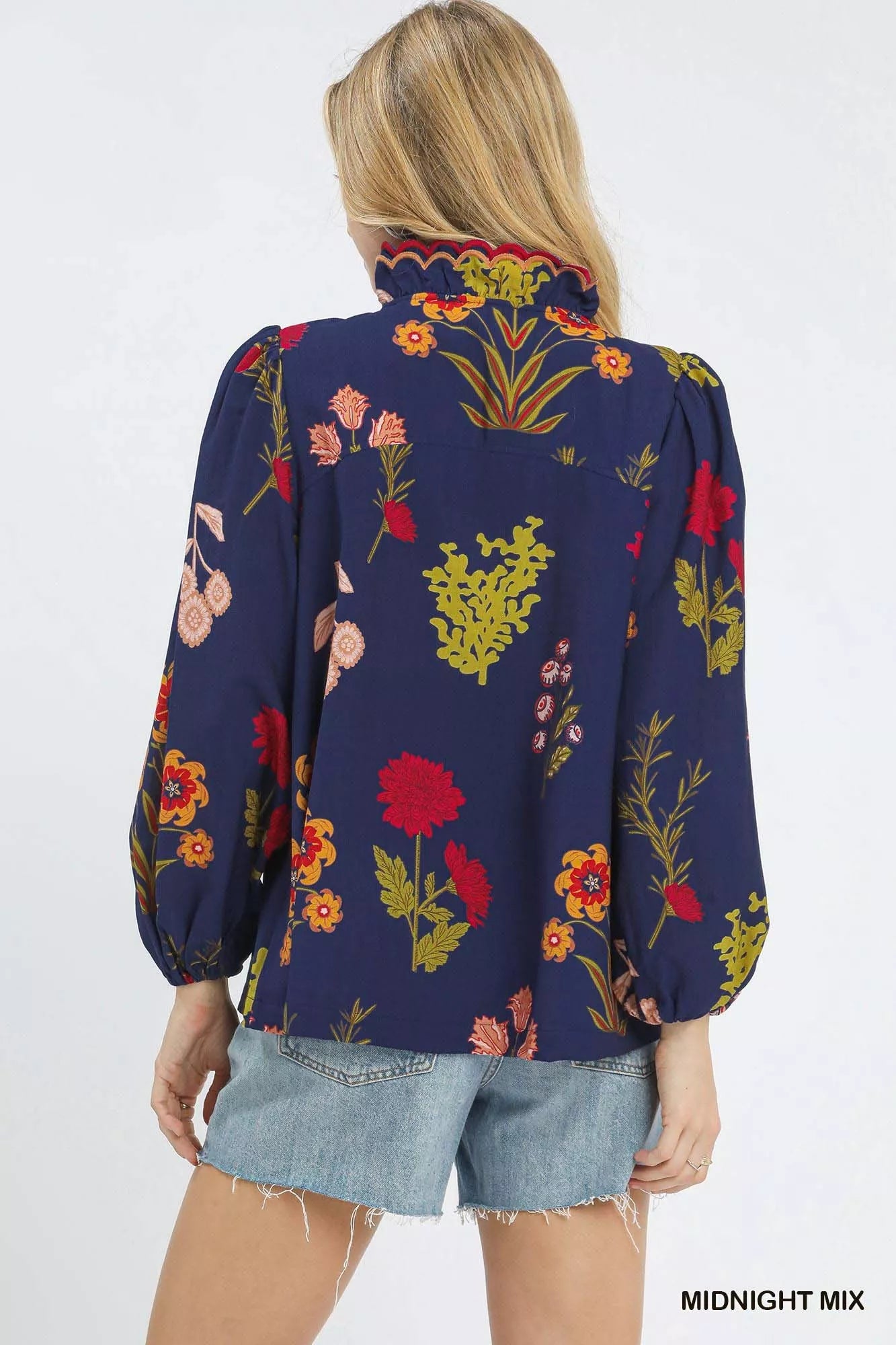 Floral Blouse with Scalloped Neckline
