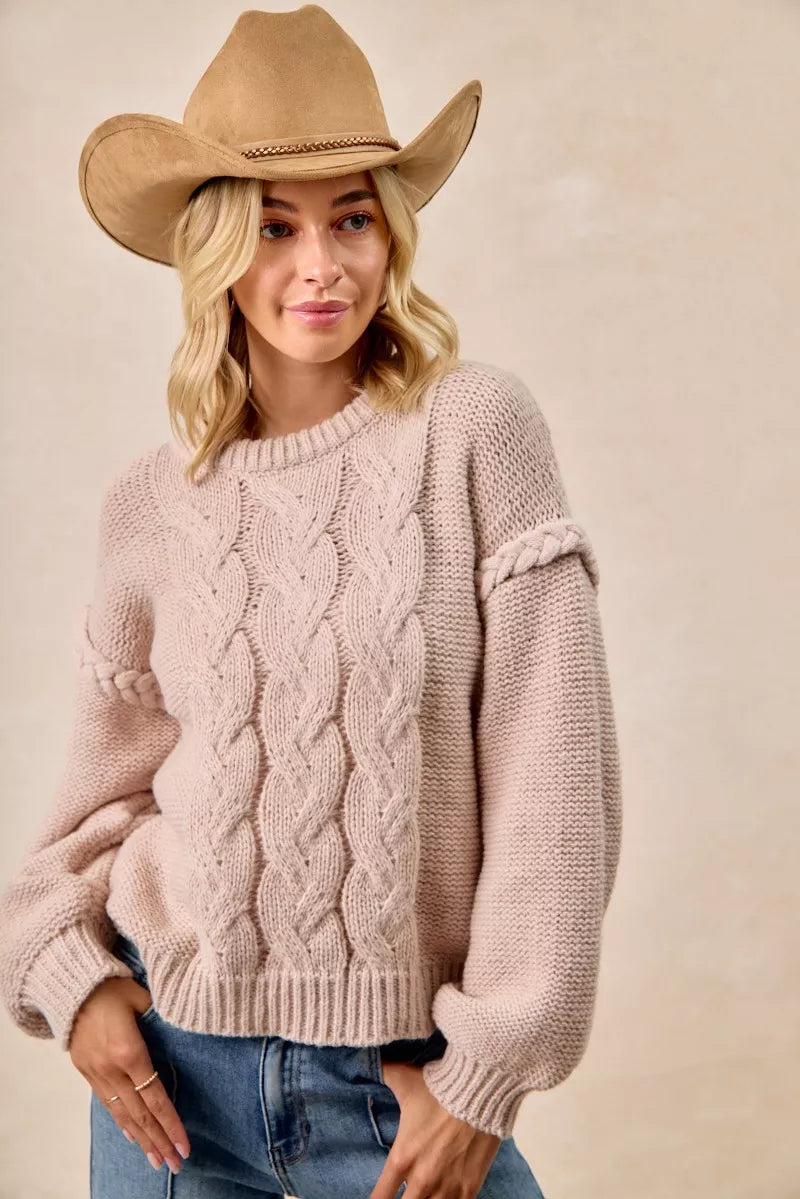 Cable Knit Sweater with Shoulder Braid Detail