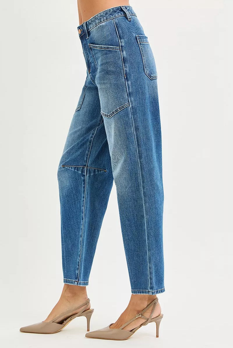 4 Way Stretch Mid Rise Barrel Jeans