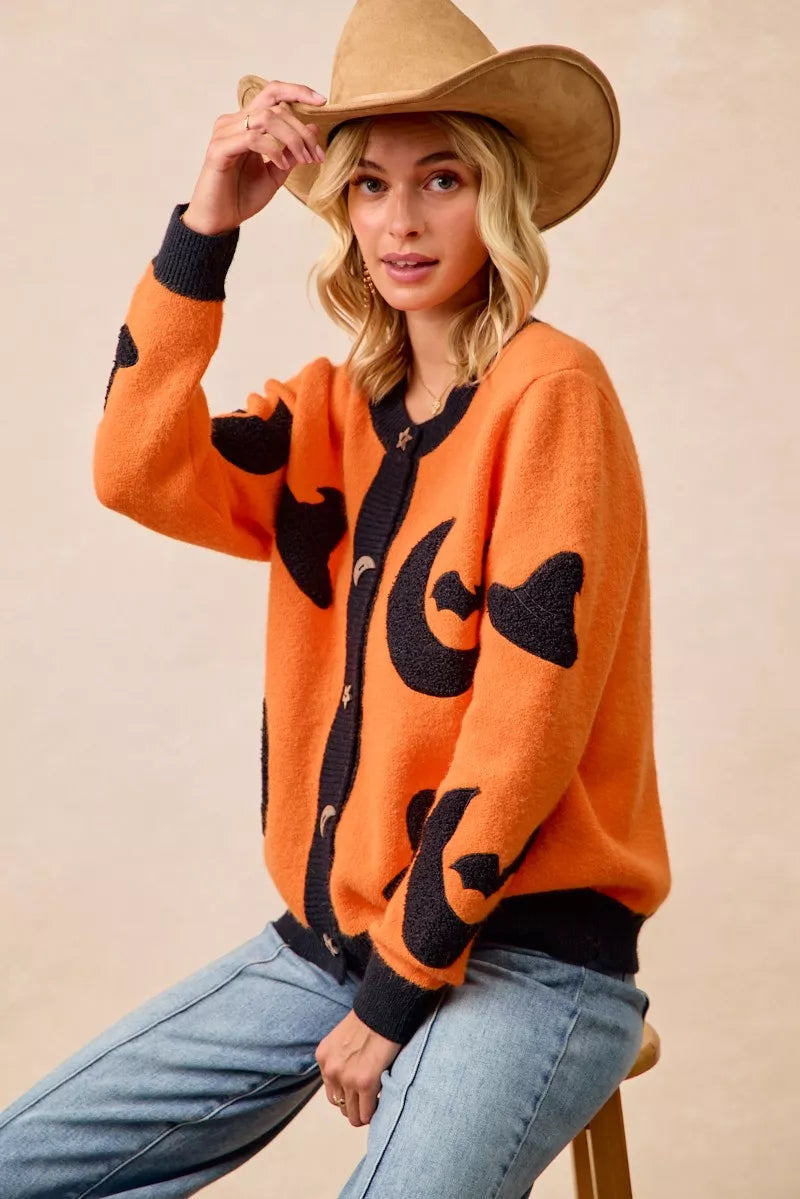 BiBi Halloween Witch Hat Moon Bat Artwork Cardigan