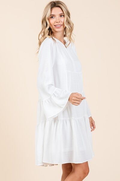 Tiered Notched Flare Sleeve Dress