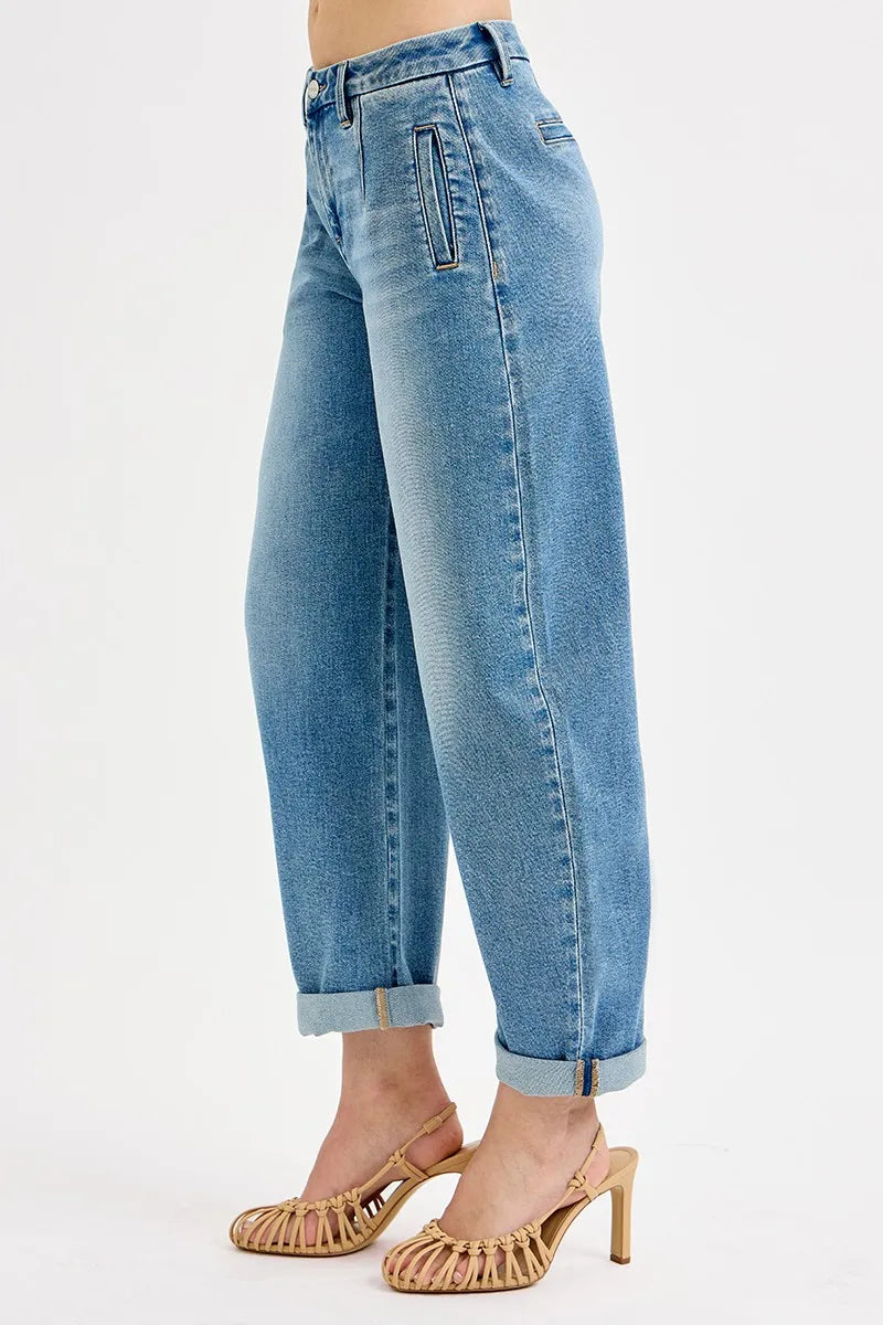 Mid Rise Barrel Roll Up Jeans