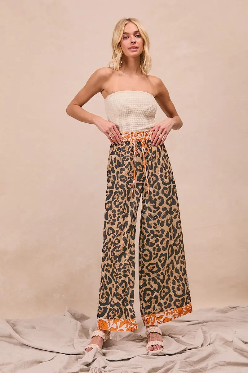 BiBi Leopard Print With Contrast Banded Wide Pants