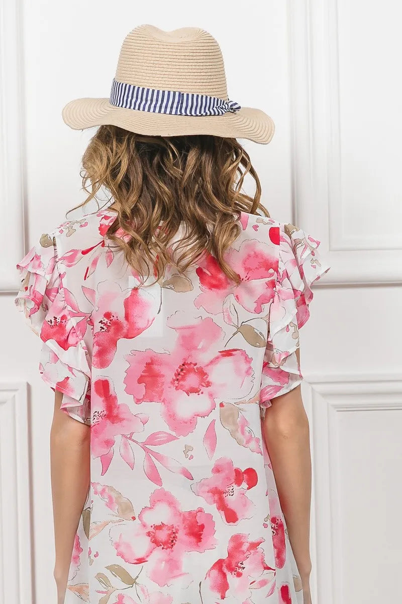 Floral Print Flutter Sheer Top