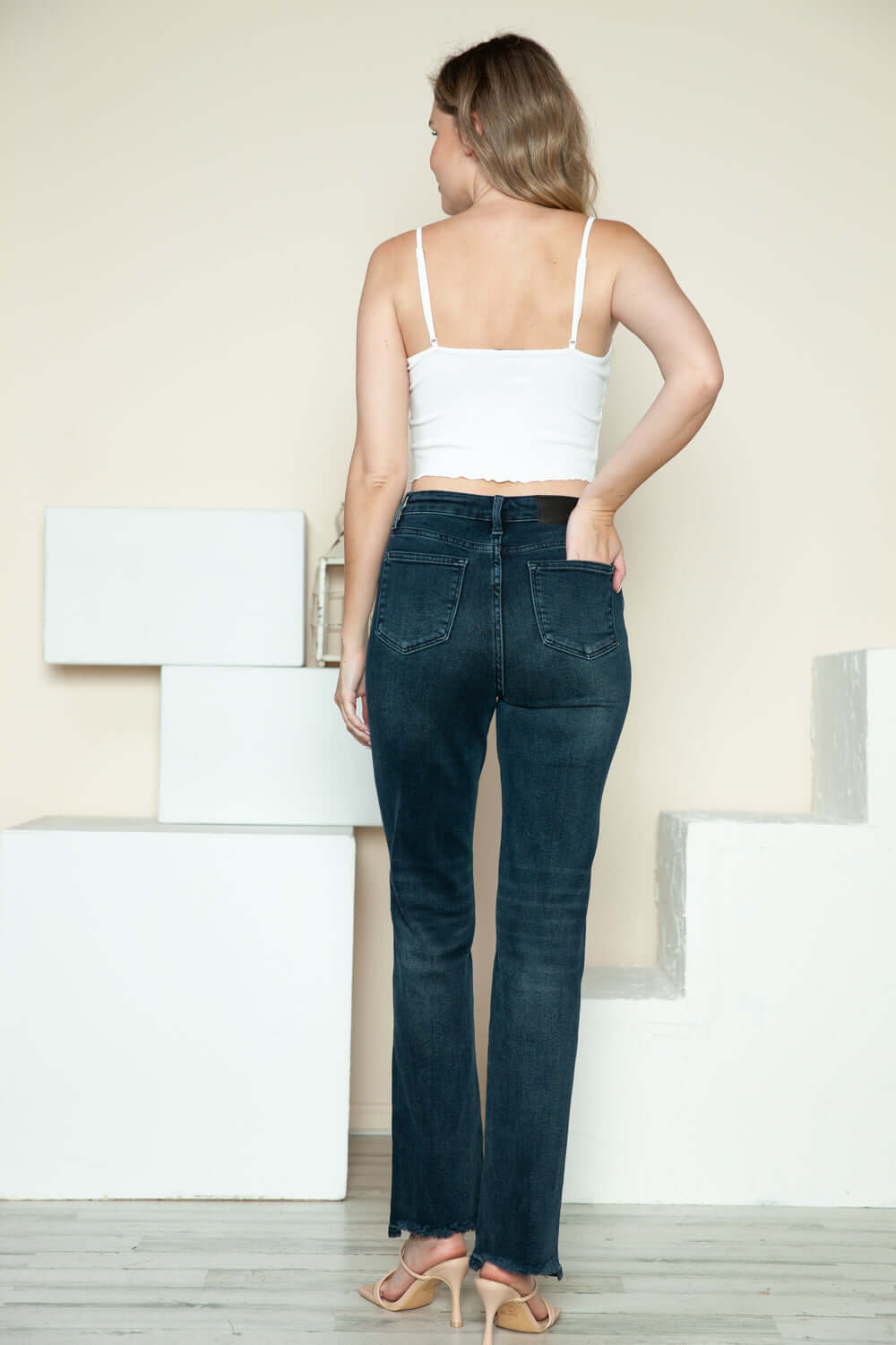 Button Fly Hem Destroy Straight Jeans