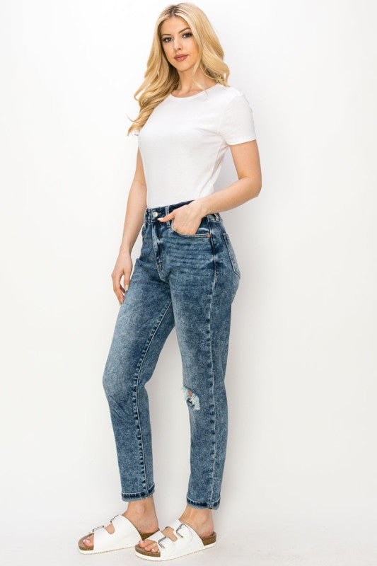 High Rise Stretch Distressed Mom Jeans