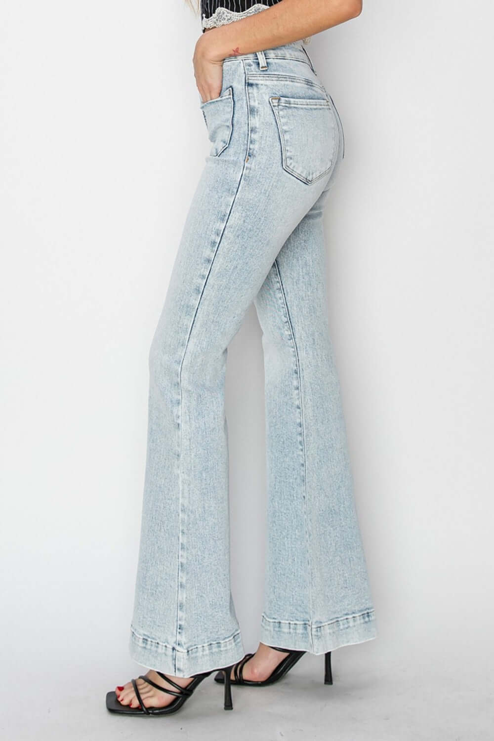 High Rise Front Patch Pocket Flare Jeans