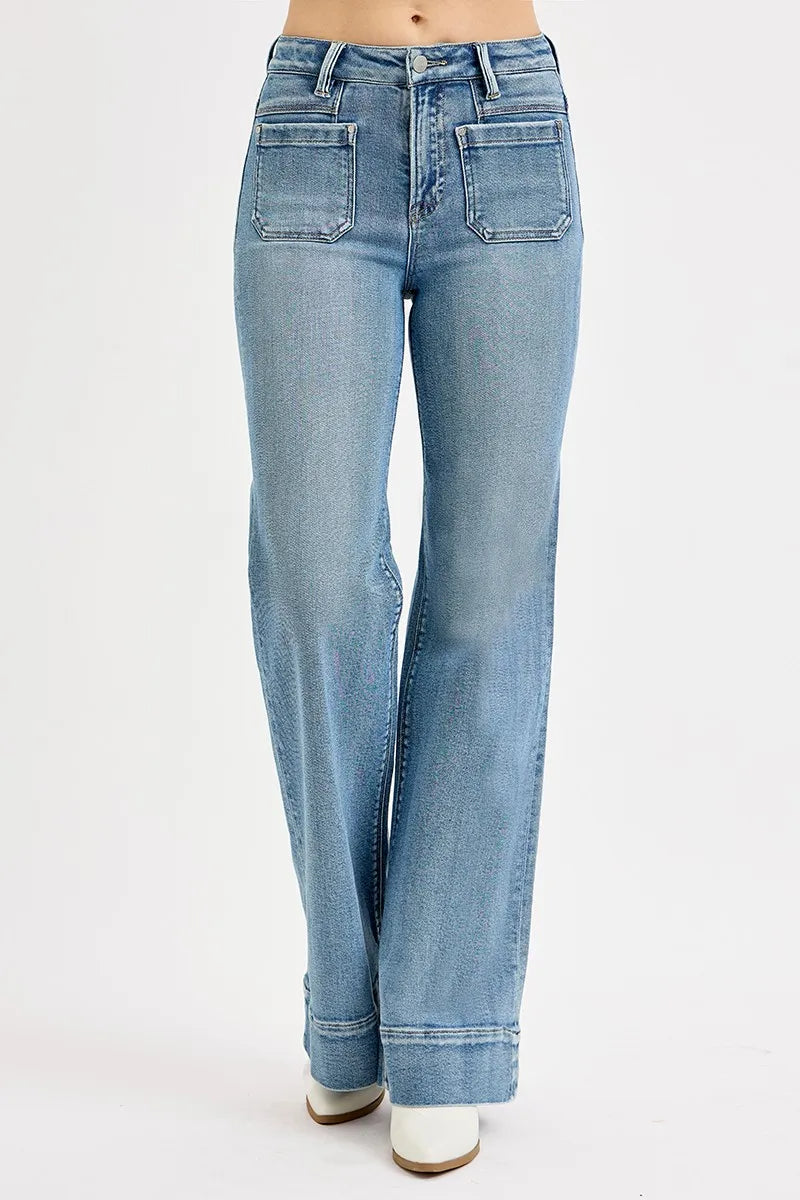 High Rise Wide Flare Patch Pocket Jeans