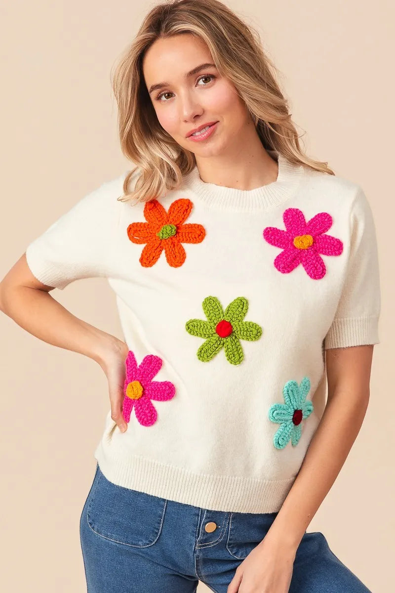 Crochet Flower Patch Sweater Top