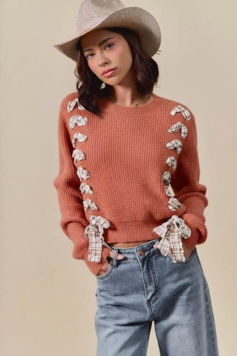 Plaid Tape Lace Up Ribbed Sweater