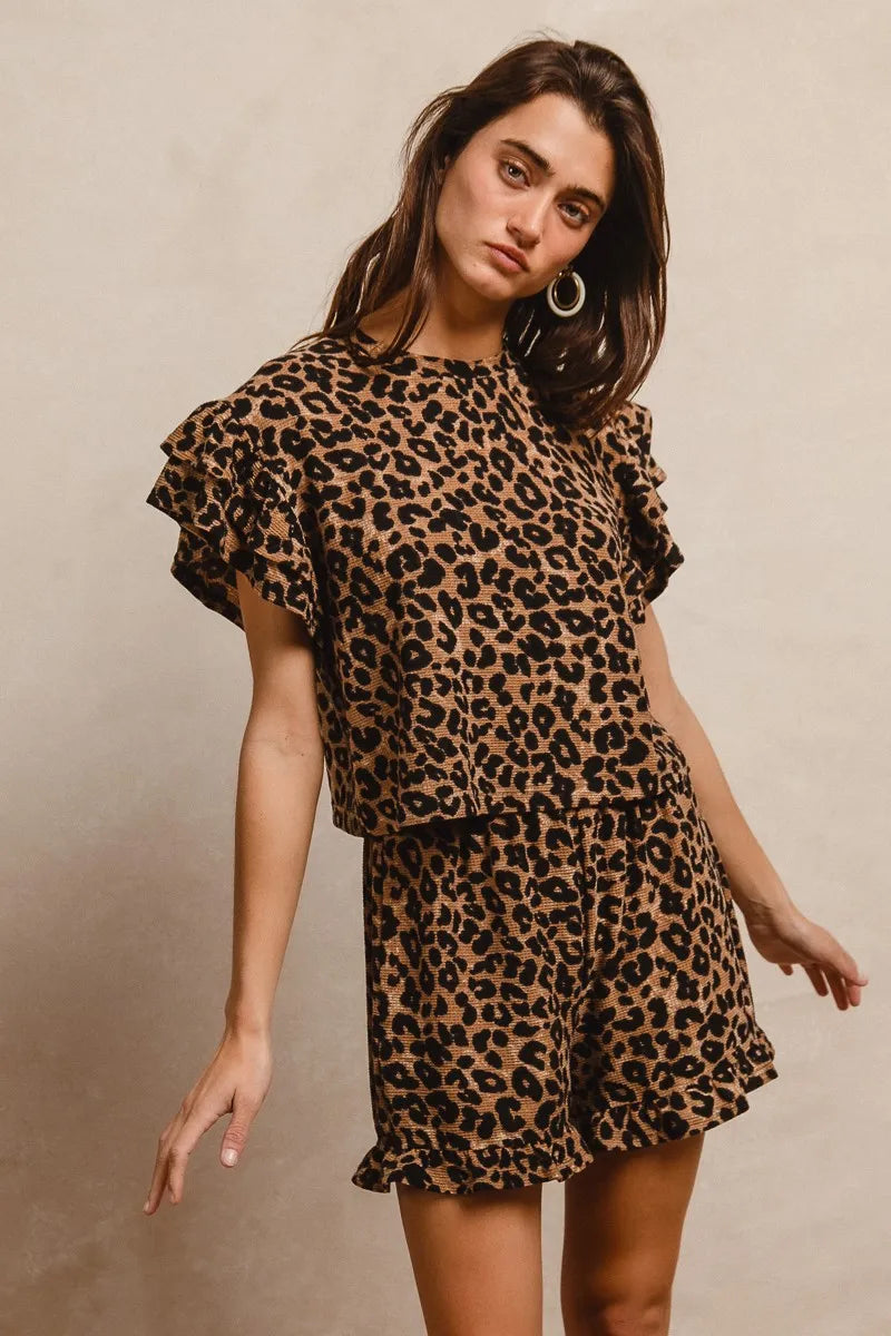 Leopard Print Waffle Texture Top and Shorts Set