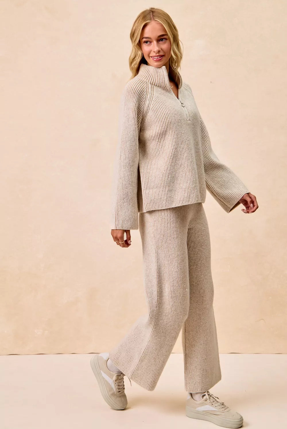 Rib Textured Knit Collared Top with Zip Up