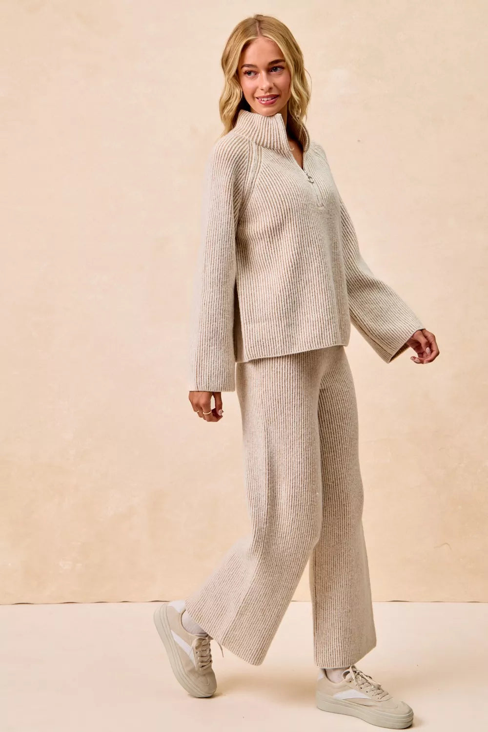 Rib Textured Knit Collared Top with Zip Up