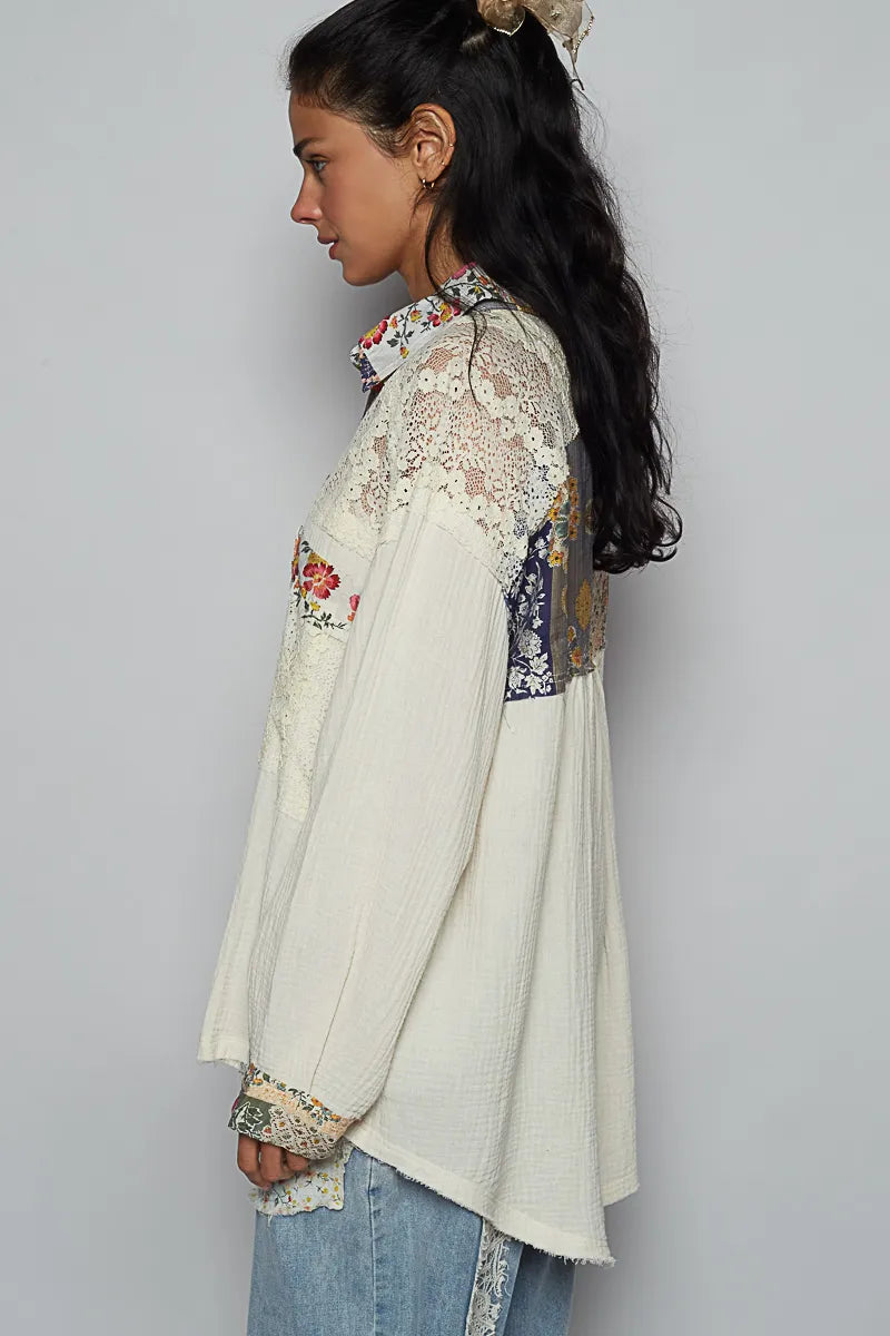 POL Lace Patchwork Floral Trim Long Sleeve Shirt