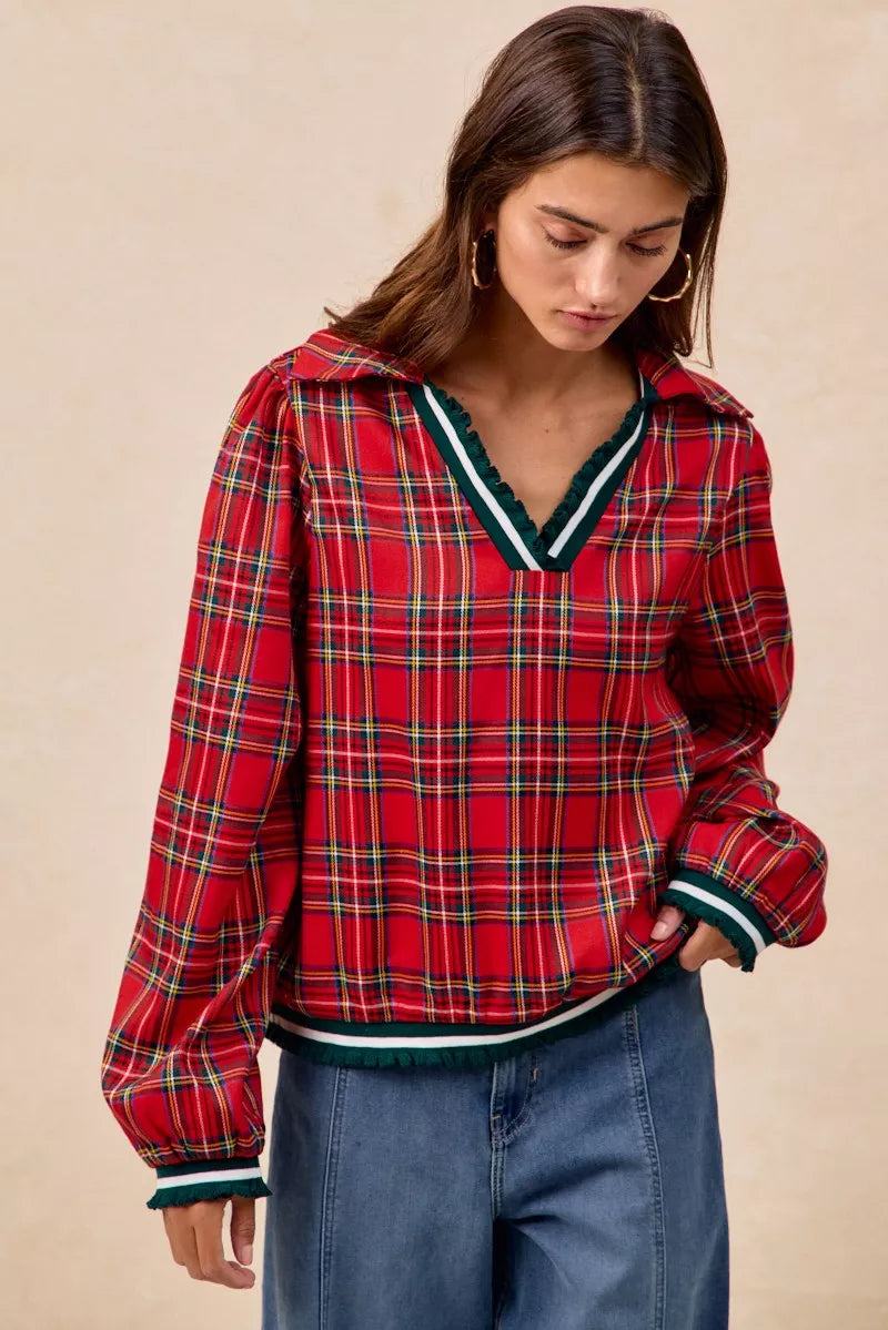 BiBi Christmas Plaid Collared Top with Ruffled Detail