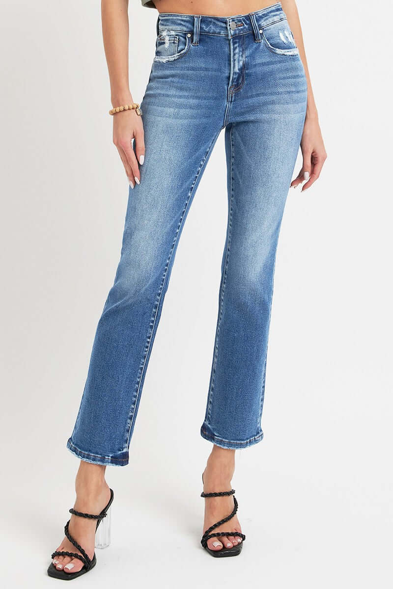 Mid Rise Ankle Straight Jeans with Pockets