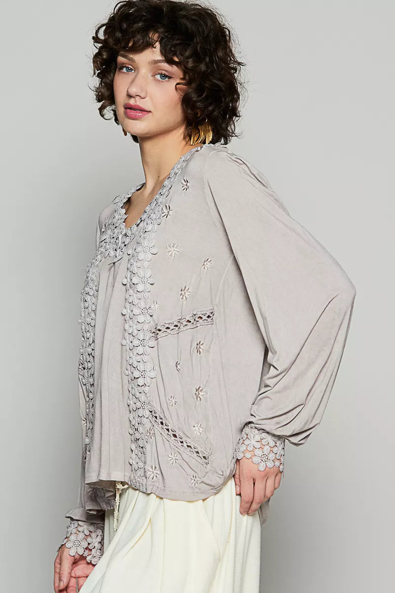 Floral Embroidery Woven Top with Lace Trim