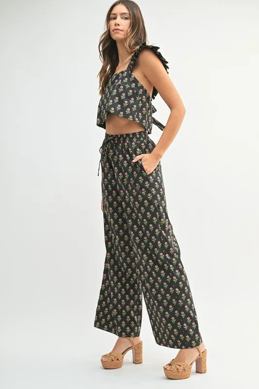 Floral Print Ruffle Top and Pants Set