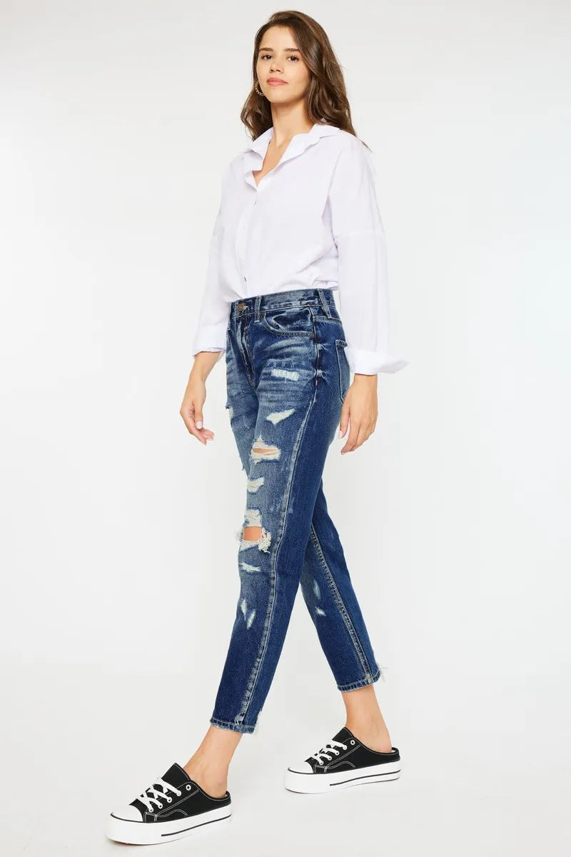 High Rise Distressed Mom Fit Jeans