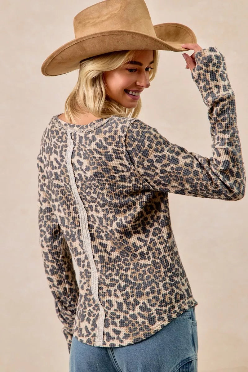 Leopard Print Washed Waffle Thermal Top